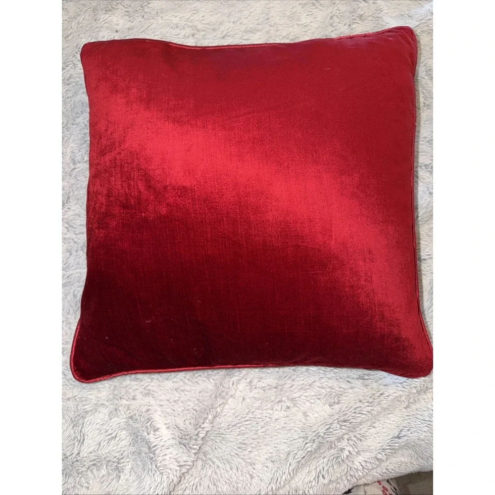 Pier 1 Imports Red Velvet Throw Pillow Square Crimson Accent Brass Logo Zip